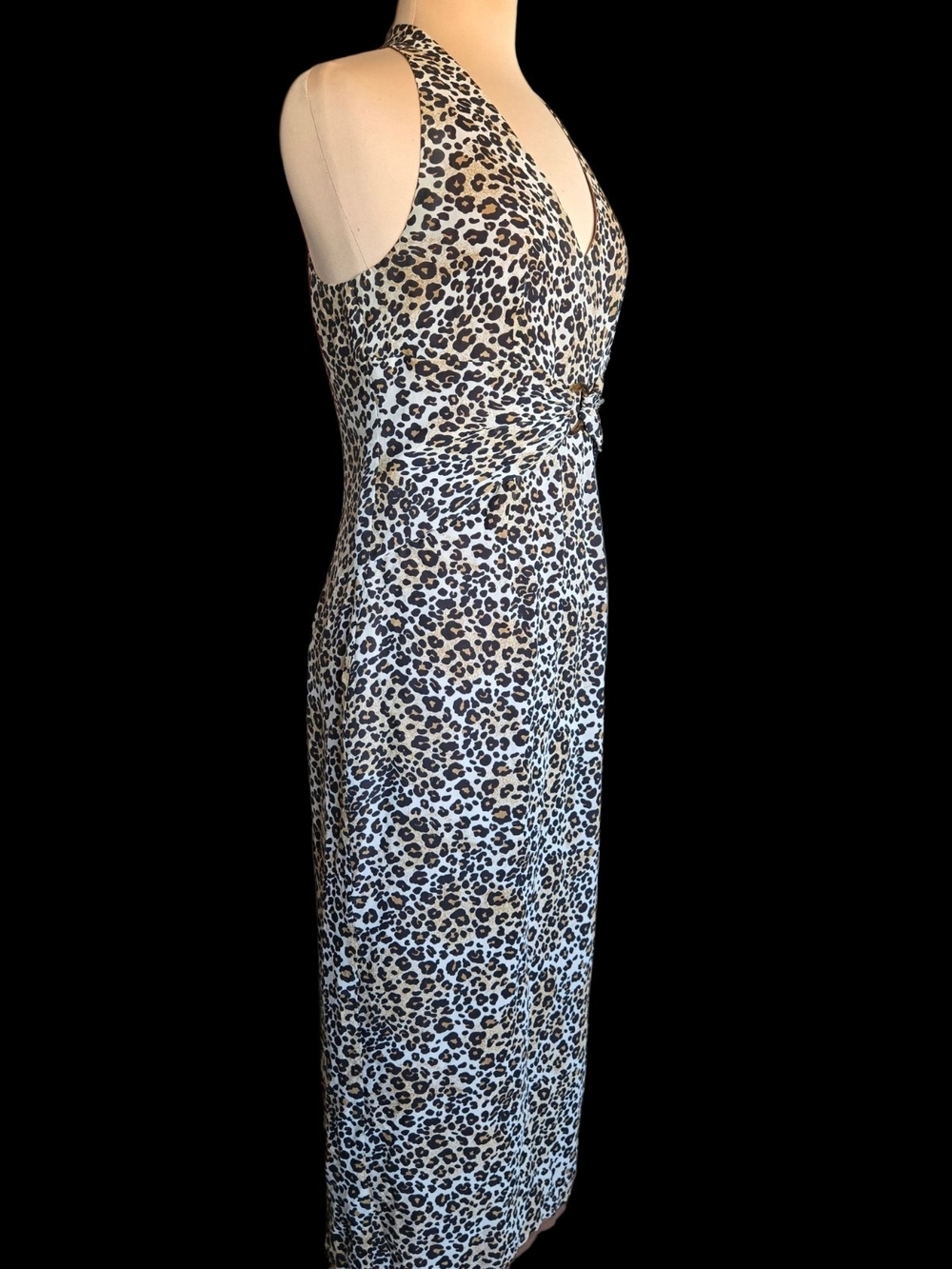 Donna Morgan Silk Leopard Print Halter Midi Dress With Cinch Ring Sz 10 - Picture 2 of 6